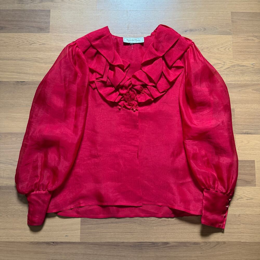 Women's Vintage 80's Malcom Starr Red Ruffle Blouse Puff Sleeves Shirt Sz Large